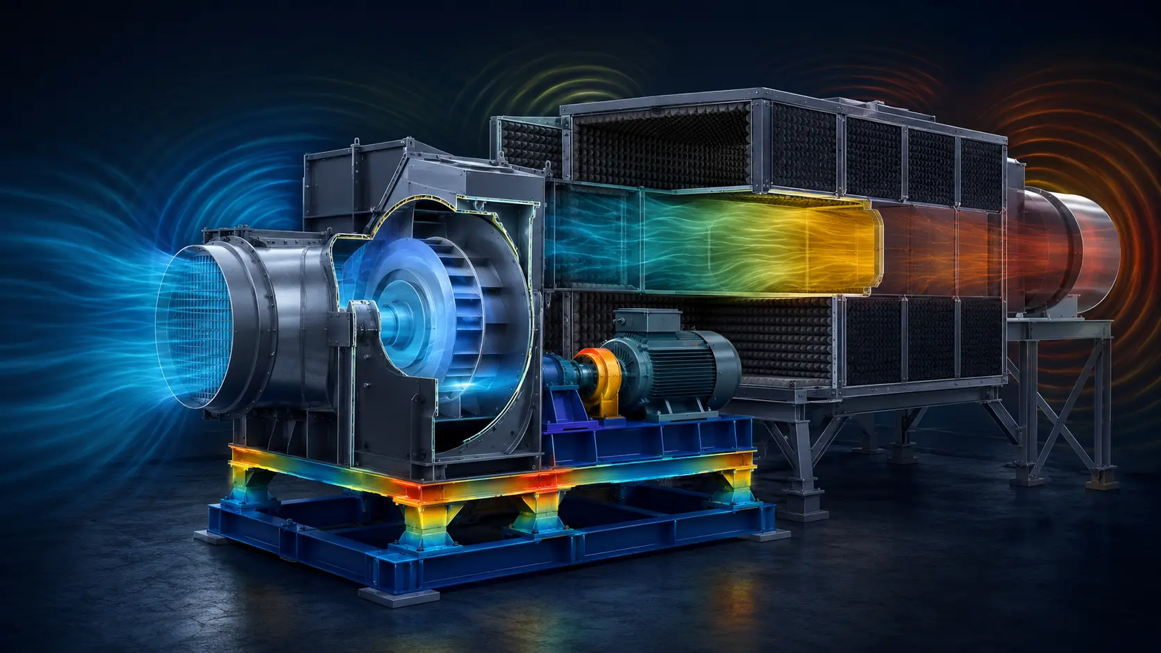 Industrial fan and silencer with acoustic and vibration modelling