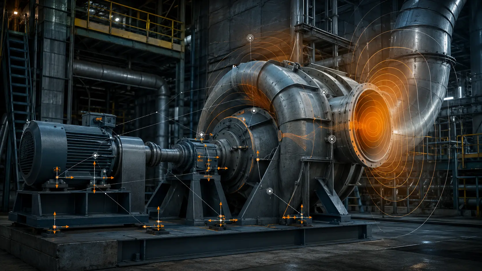 Rotierende Industriemaschine mit Sensoren und Quellen-Pfad-Analyse