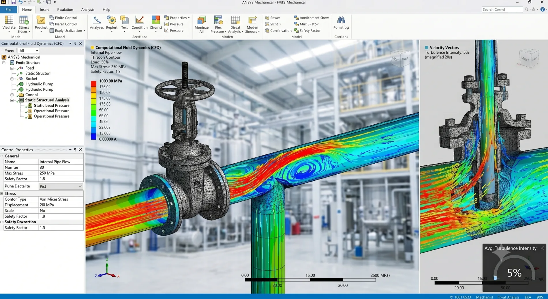 Computational fluid dynamics analysis through industrial piping and a control valve
