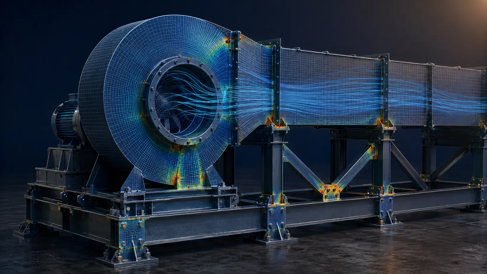 Industrial fan and support structure with finite element stress and CFD flow visualization