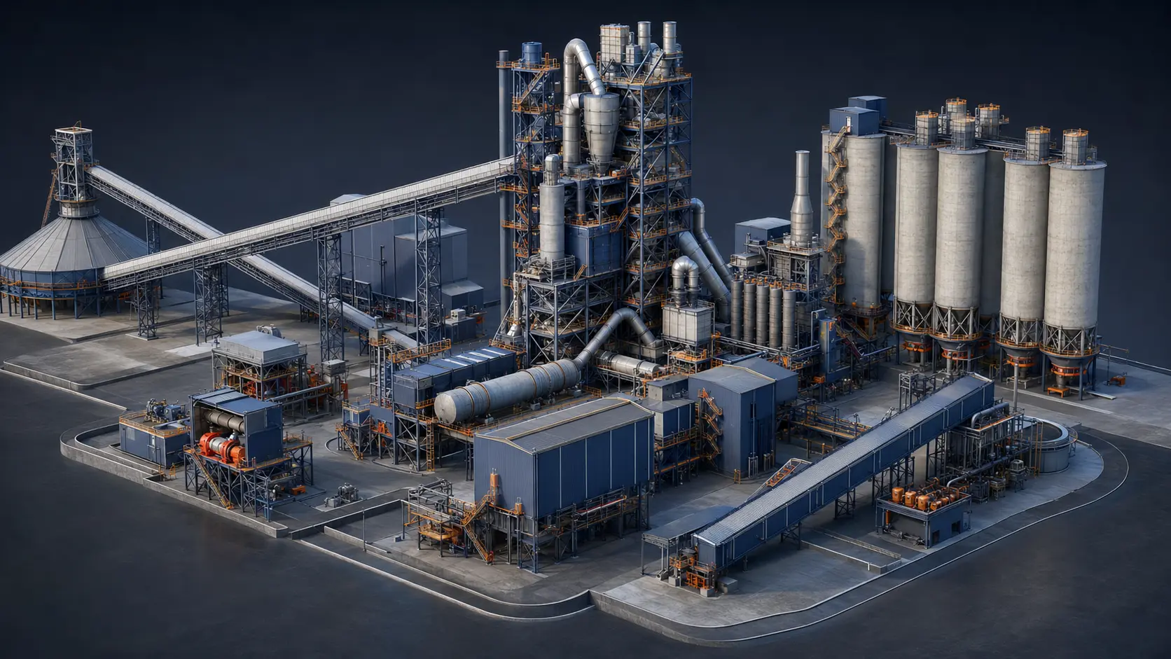Coordinated industrial plant layout model with process equipment, conveyors and steel structures