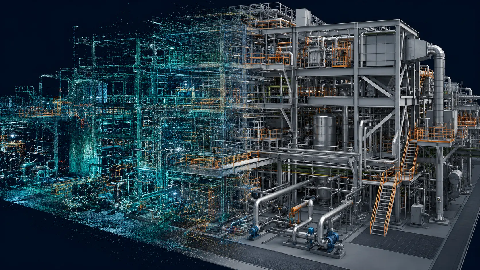 Industrial laser-scan point cloud transitioning into a structured BIM plant model